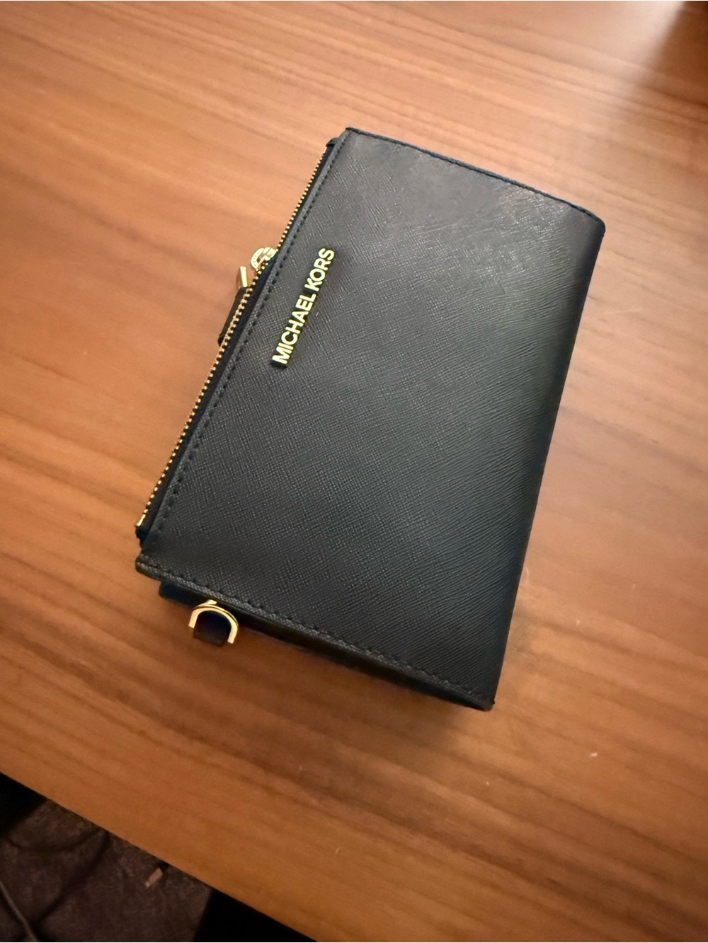 Michael Kors Black Leather Women’s Jet Set Double Zip Wallet with Gold Hardware